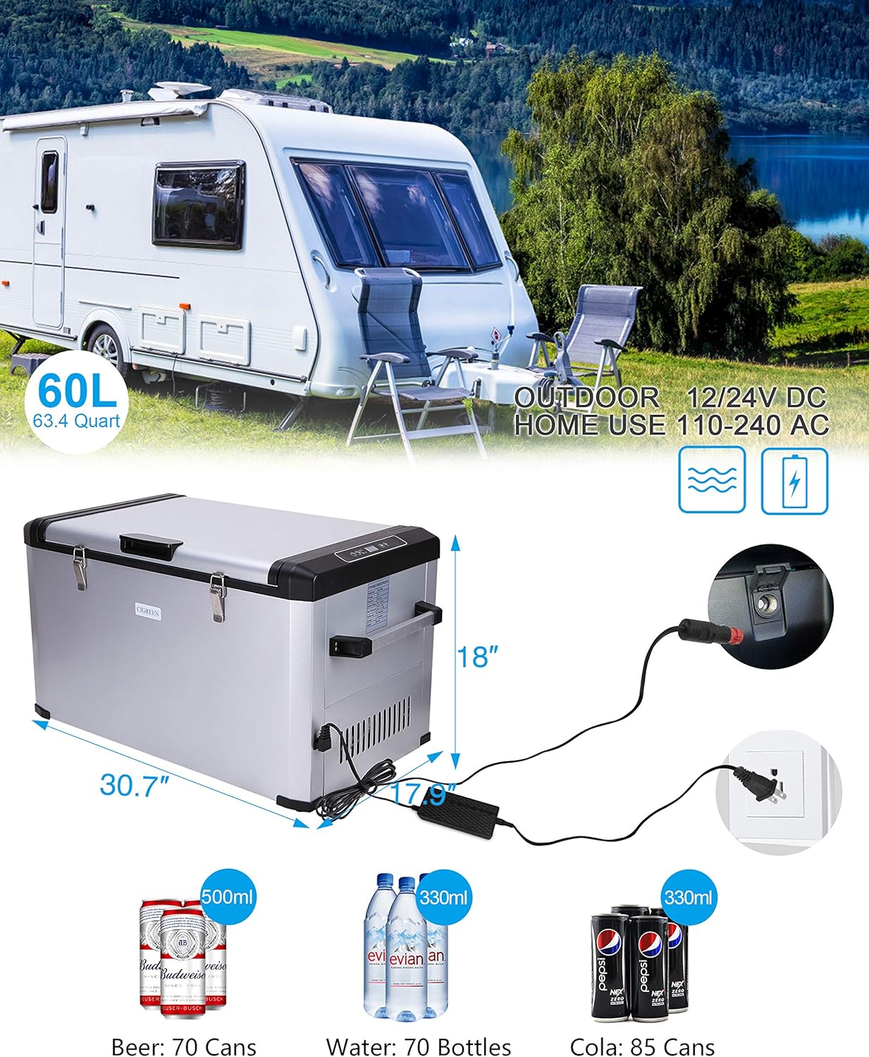 63.4 Quart(60 Liter) 12 Volt Car Refrigerator Portable Car Fridge -4℉-50℉ Fridge for Outdoor Camping, Travel & Home use