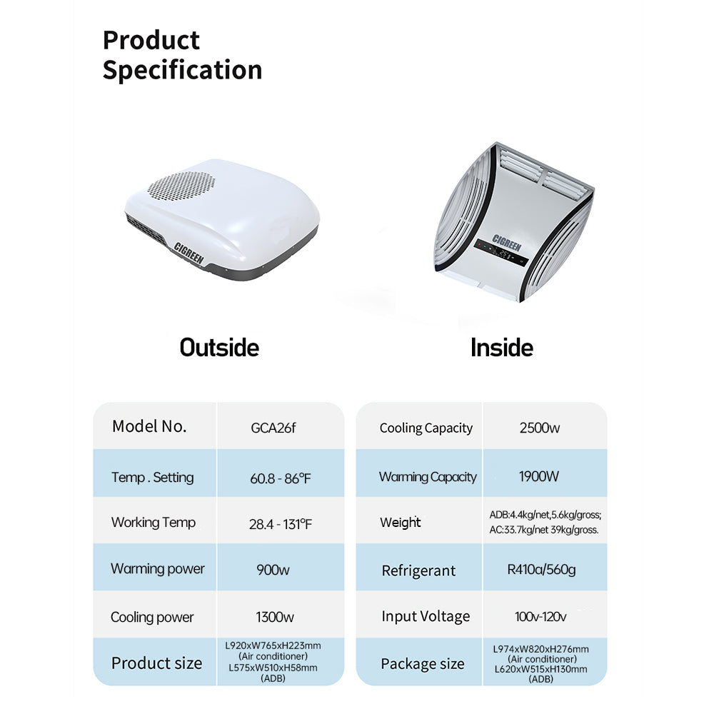 11000 BTU RV AC Non-Ducted | Quiet AC | 110-120V | Cooling Or Heating | CIGREEN | IP55